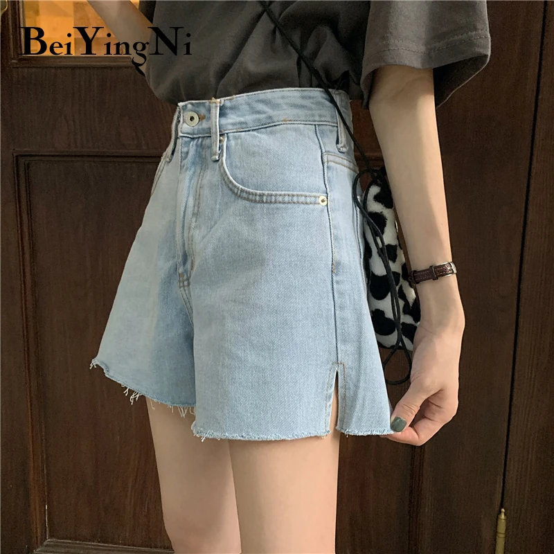 

Beiyingni Korean Vintage All-match Split Women High Waist Denim Shorts Loose Chic Slim Summer Jeans Shorts Lady Blue Denim Short