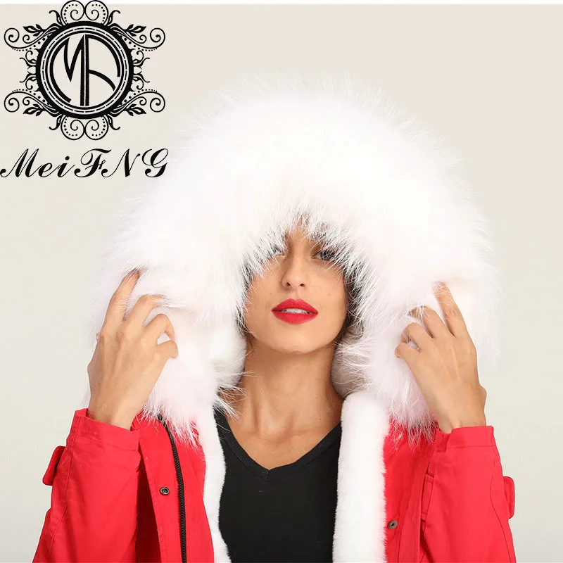 Original  Brand Bright Red Short Parka Shell Women Pure White Furs Lined Warm Jacket