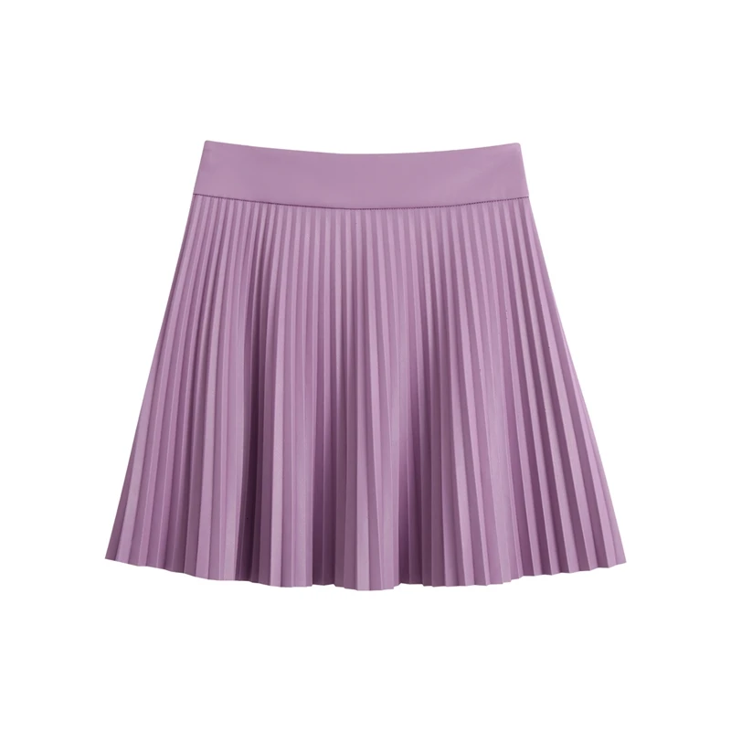 

YOSIBCD Women 2021 Chic Fashion Pleated Faux Leather Skirt Vintage High Waist Snap Button Female Skirts Mujer