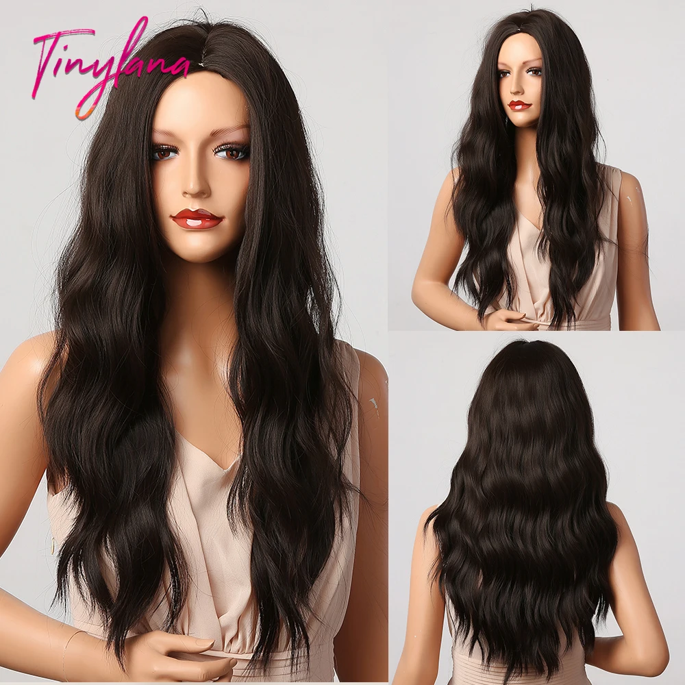 

TINY LANA Long Deep Wave Wigs Middle Part Dark Honey Brown Synthetic Wigs For Black Women Cosplay Party Daily Use Heat Resistant