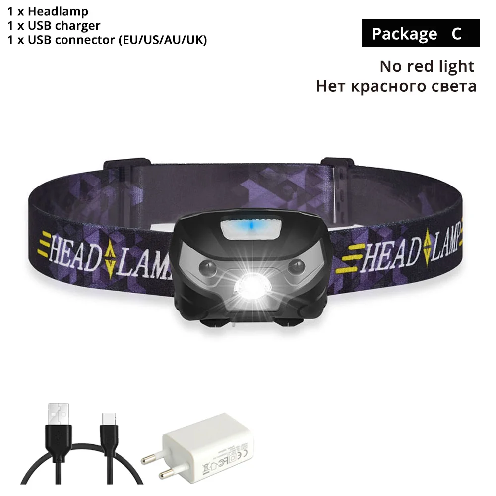 NO red light-C 3000LM мини Перезаряжаемые светодиодные фары движения тела Сенсор светодиодные велосипедов Глава свет лампы Открытый фонарик с USB - Испускаемый цвет: NO red light-C