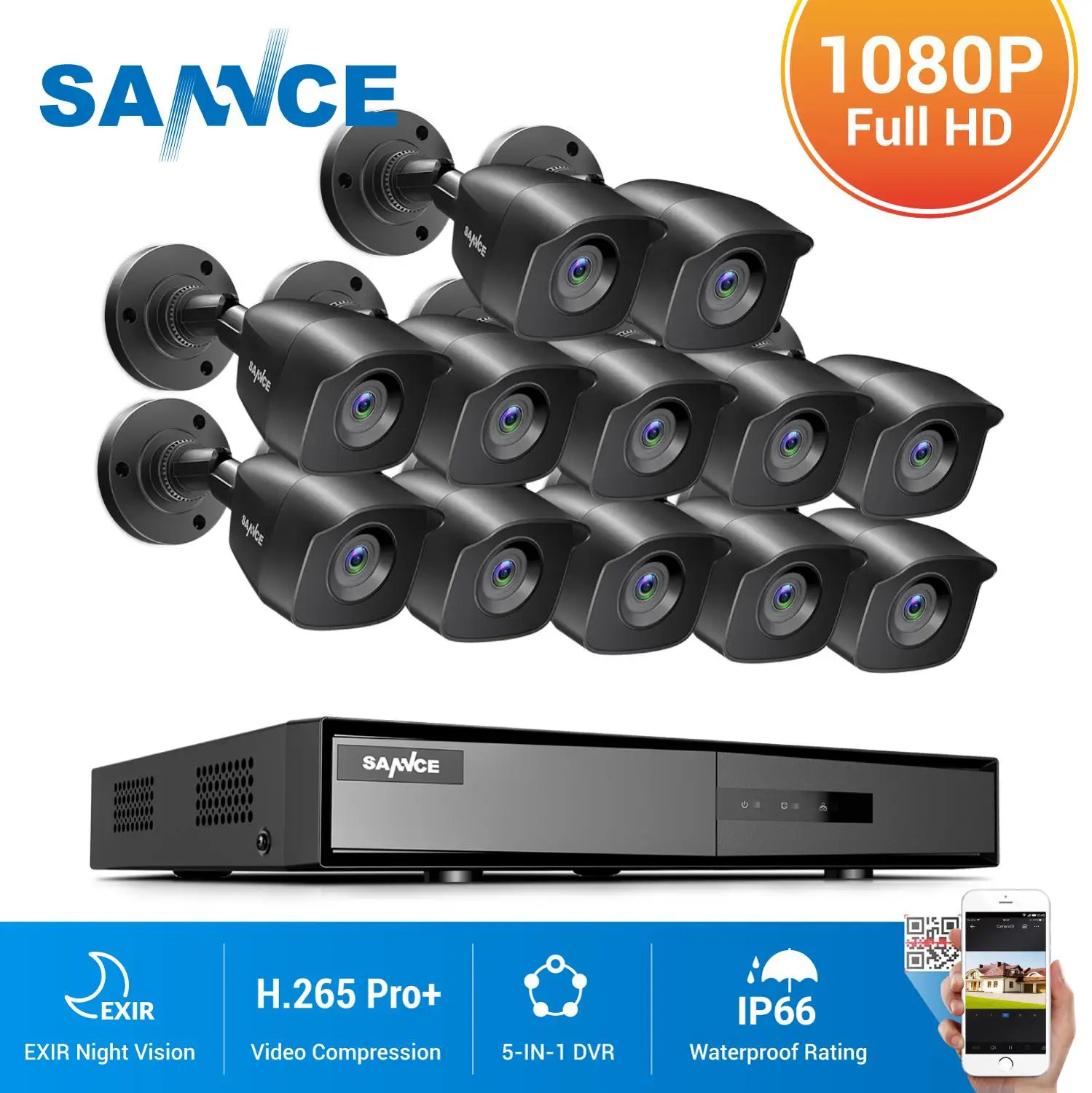 SANNCE 16CH 1080P Lite видео система безопасности 1080N 5в1 DVR с 12X наружные водонепроницаемые