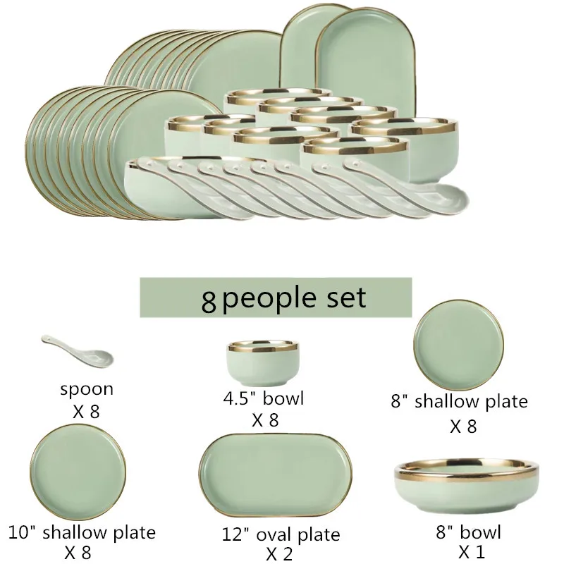 

Gilt Rim Luxurious Light Green Ceramic Plate Steak Food Plate Bowl Dinner Dish Porcelain Dinnerware Set For Family Hotel