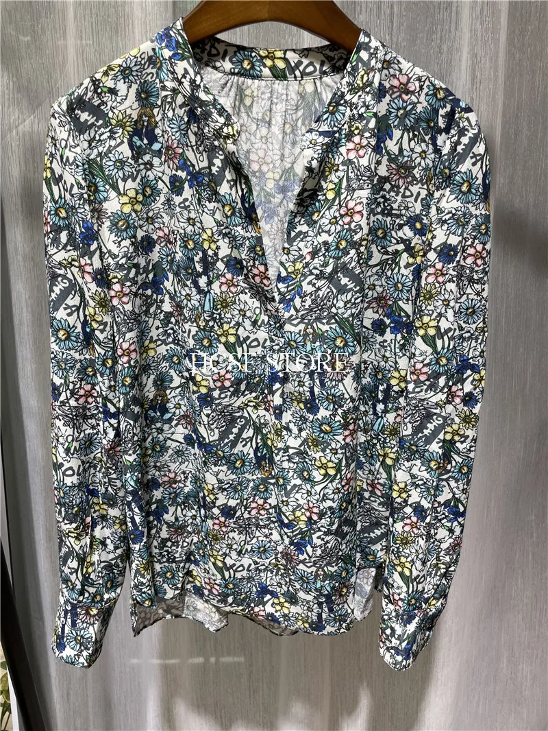 

Женская блузка с цветочным принтом, длинным рукавом и круглым вырезом