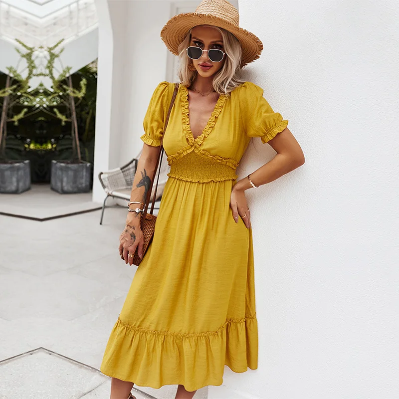 

2021 New Spring Summer Sexy Ruffles Dress Women Casual High Waist Solid Color Knee Length Dress Ladies Slim Yellow