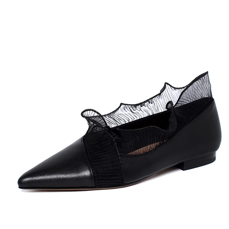 

New Spring Summer Fashion Women Pumps Genuine Leather Sweet Ruffles Low Heels Pointed Toe Black Red Dress Casual Shoes Woman 42