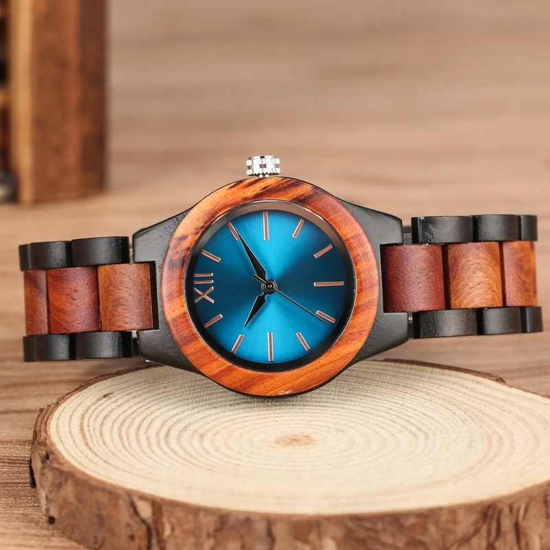 

Unique Sapphire Blue Face Wooden Watches Handmade Full Wooden Band Quartz Watch Women's Watches Ladies Dress Clock