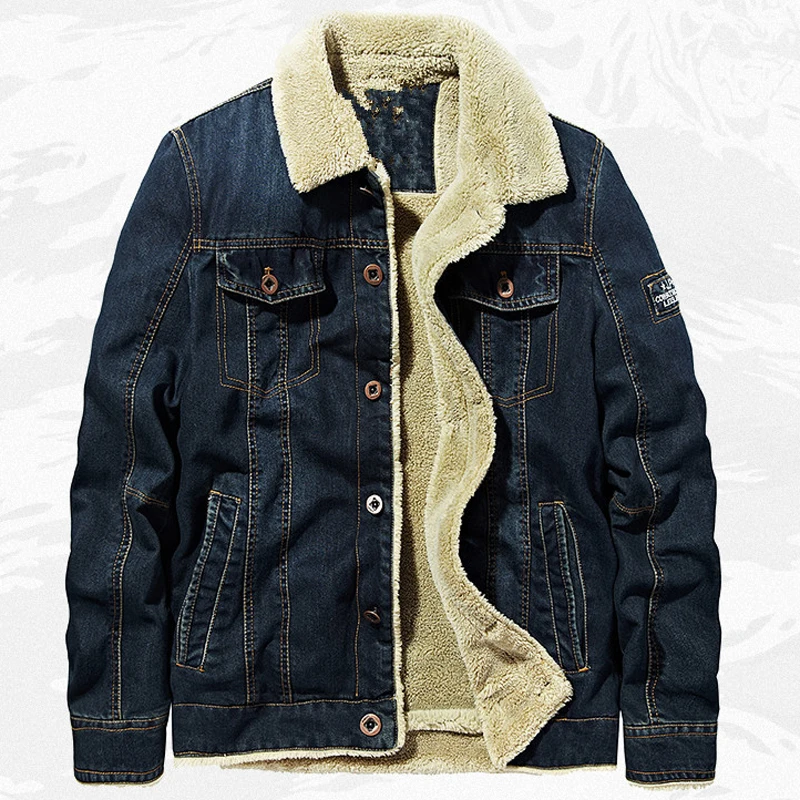 Мужская джинсовая куртка в стиле милитари теплая бархатная из денима