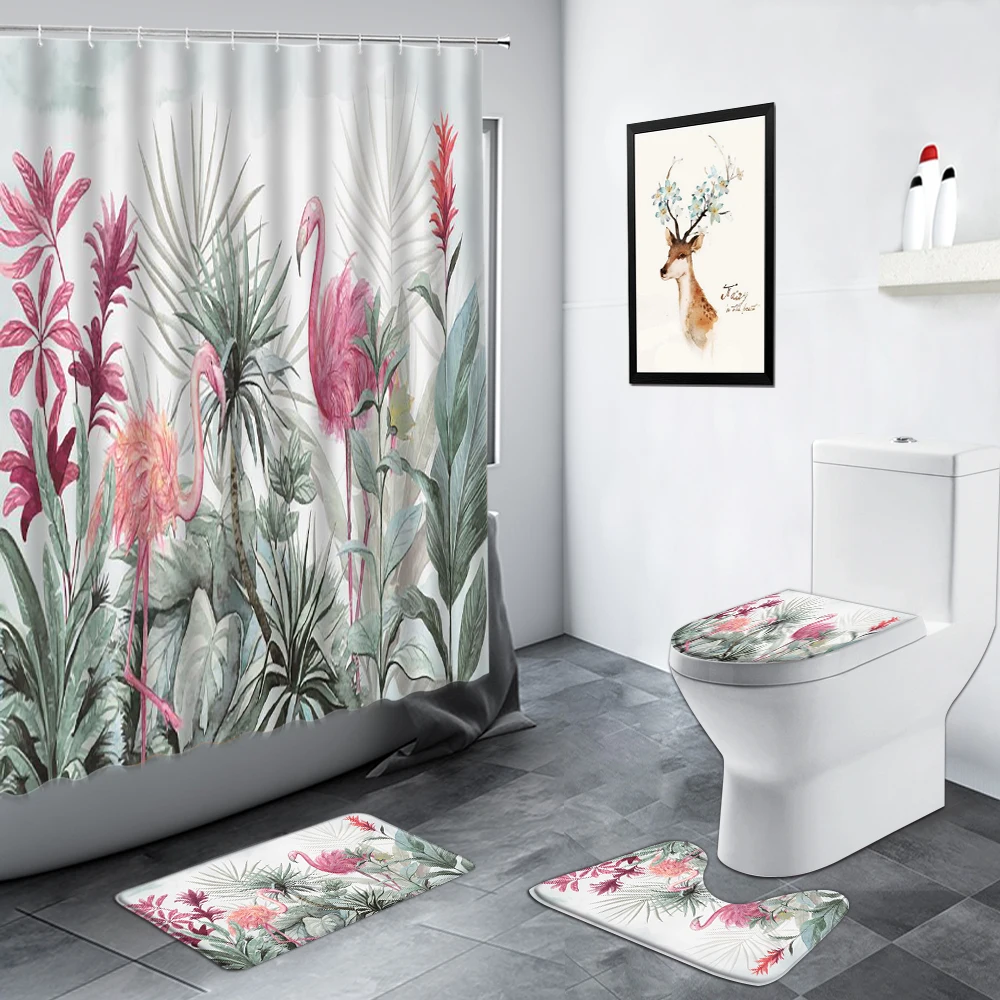

Tropical Plant Leaves Flamingo Shower Curtain Palm Leaf Monstera Natural Scenery Bathroom Decor Non-slip Rug Toilet Bath Mat Set