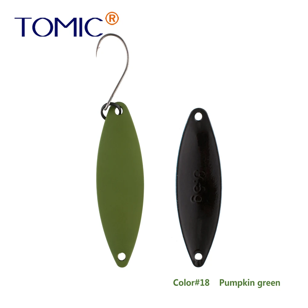 Tomic 1 шт. 1,6 г 2,7 г 3,5 г микро узкие латунные металлические ложки УФ сверкающие цвета окунь форель области один крючок рыболовные приманки Pesca - Цвет: Pumpkin green