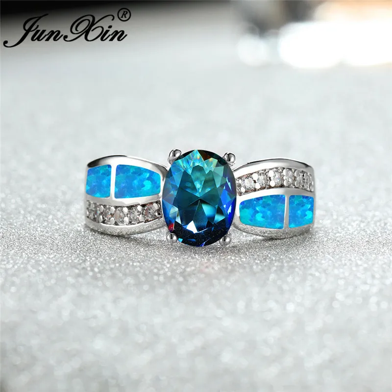 Роскошное кольцо с голубым и белым огненным опалом серебряный цвет Радужный