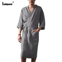 sexy men kimono pajamas cardigans stand pocket outerwear with belt knee length pajamas sleepwear mens 34 sleeve bathing clothes