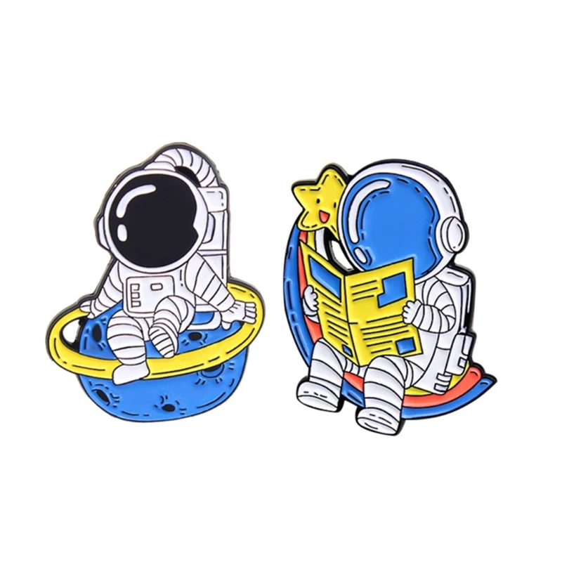 N84D Astronaut Lapel Pin 2 Pieces Enamel Brooch Pins Nice Pilots Planet Brooches for Jeans Jacket Denim Backpack Badge Gifts - купить по
