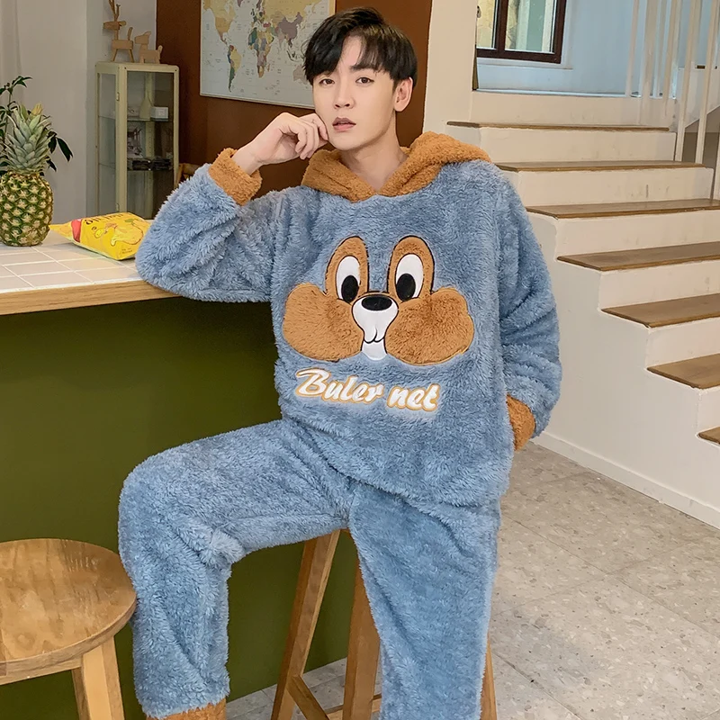 Коралловые кашемировые пижамы для пар зимняя одежда с длинными рукавами мужчин и