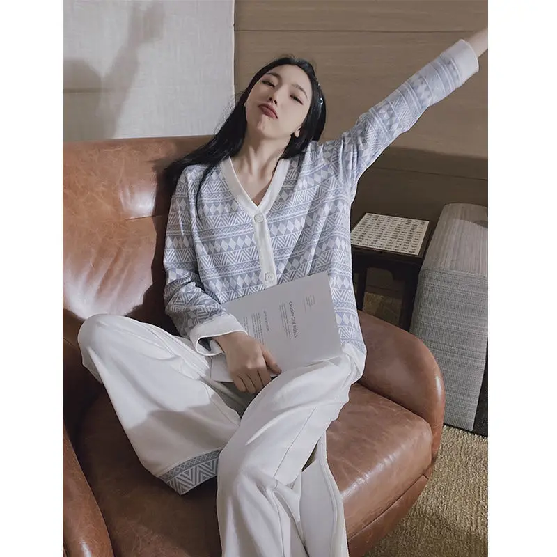 QWEEK Knitted Pijama Autumn Women's Pajamas Geometric Brief Female Set Sleepwear Warm Winter Long Sleeve Pyjama Suit Loungewear