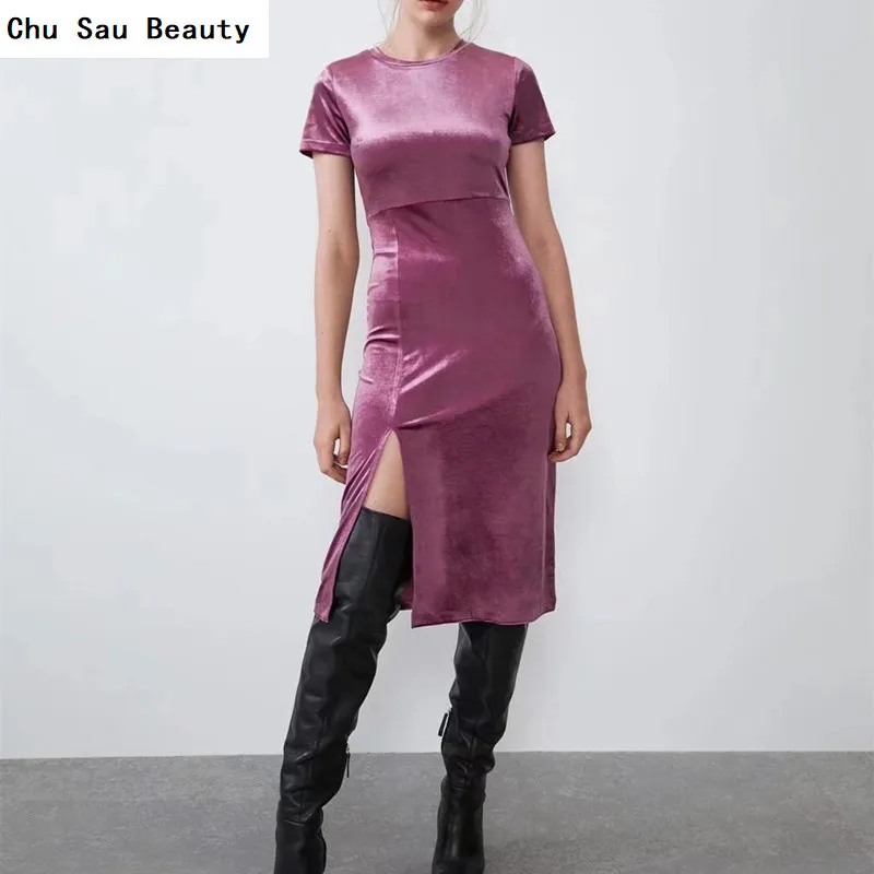 

2022 New Women Multicolor Velvet Slim Sexy Mid-Length Dress Spring&Autumn Fashion All-Match Front Slit Short-Sleeved Dress
