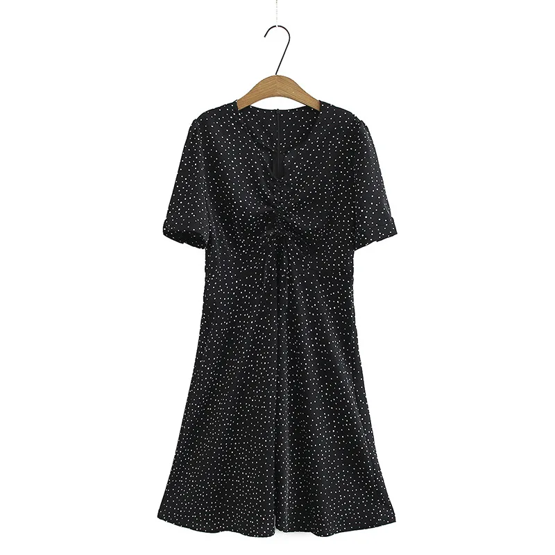 Женское платье с кулиской летнее трапеция в горошек V образным вырезом и коротким