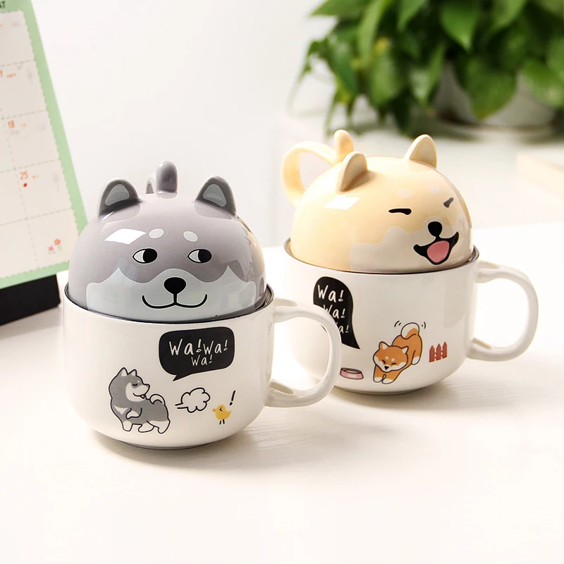 

Ceramic Akita Dog Coffee Mugs with Spoon Lid Porcelain Milk Cup 3D Cartoon Animal Travel Water Mug Lovers Kitchen Drinkware