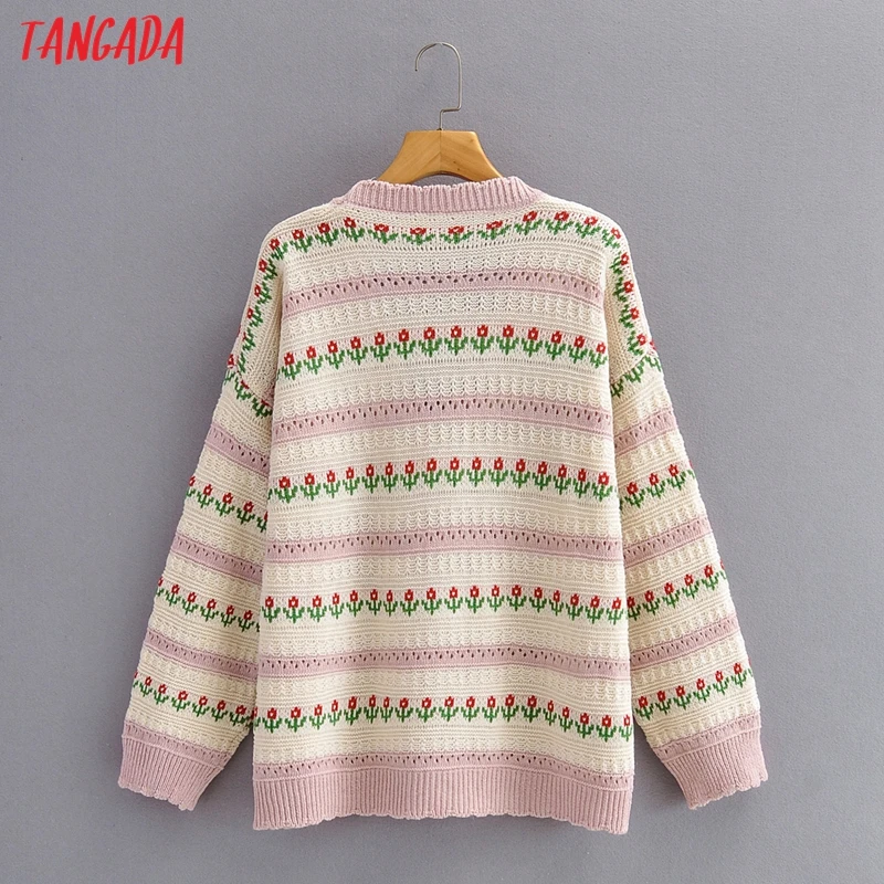 

Tangada 2021 Autumn Women Flower Hollow Out Cardigan Sweater Jumper Vintage Long Sleeve Button-up Female Tops 1F289