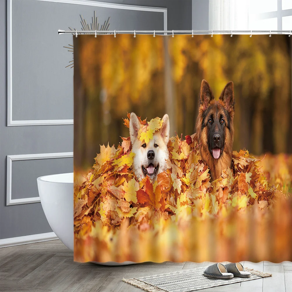 

Animal Shower Curtain Set Cute Dog Flowers Fallen Leaves Butterfly Waterproof Fabric Bathroom Decor Bath Curtains Bathtub Screen