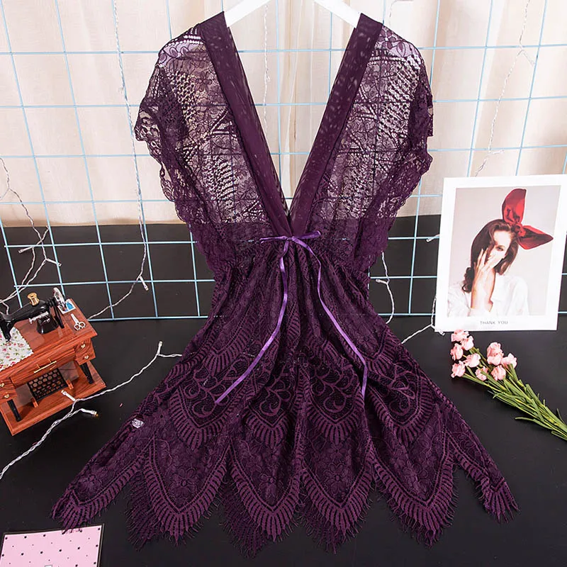 purple Женская пижама, пижамы женские домашняя одежда ночнушка сексуальное кружевное Ночное платье, женское нижнее белье, v-образный вырез, ночная рубашка, свободная Ночная сорочка, прозрачная ночная сорочка, Детская кукла - Цвет: purple