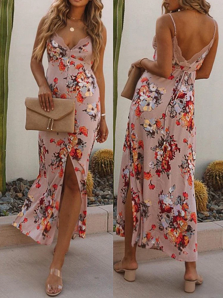 

Sexy Spaghetti Strap Floral Printing High Slit Maxi Casual Dress Robe Party Dress