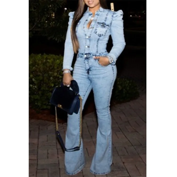 

Women's Autumn Denim Jumpsuiats Fashion Sexy Stretch Slimming Jeans Blue Bell-bottomed Pants One Piece Jumpsuit Romper