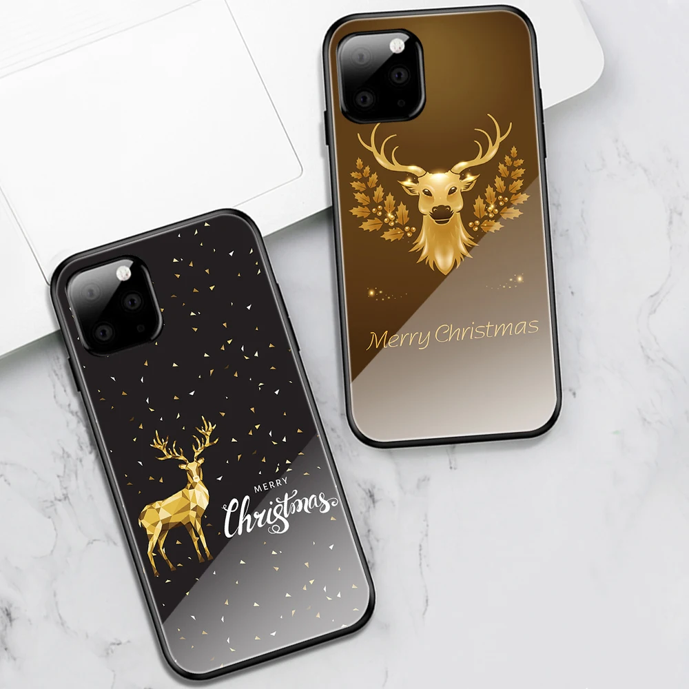 

Merry Christmas Elk Glass Case for IPhone 13 Mini 12 11 Pro 11Pro Max X XR XS Max 6 7 8 6s Plus 5 SE 2020 Santa Claus Back Cover