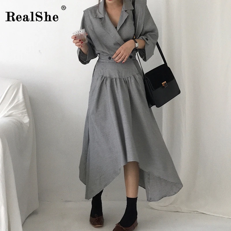 RealShe, женское платье, новинка, Осеннее, модное, с вырезами, рукав три четверти, на пуговицах, макси платье, приталенные платья, асимметричное, длинное платье