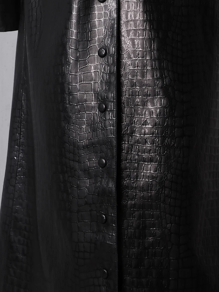 Lautaro Осенний длинный черный кожаный плащ с крокодиловым узором для женщин