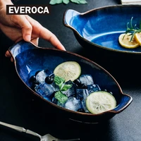creative ceramic plates long binaural dishes japanese blue boat shaped plate fish dish baking cheese dessert bowl dish
