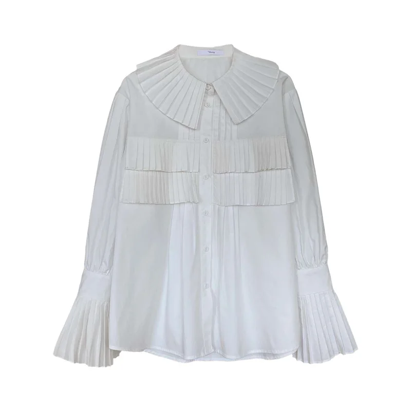 

IEQJ White Women Blouse New Patchwork Peter Pan Collar Long Sleeve Loose Ruffles Shirt Fashion Tide Spring Autumn 2021 8P252