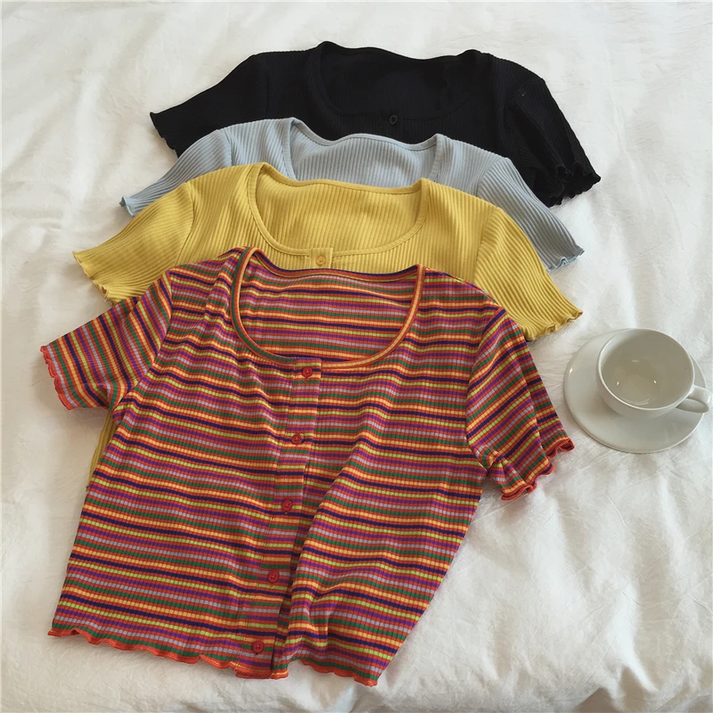 

Pit stripe short T-shirt women's fungus edge short sleeve top