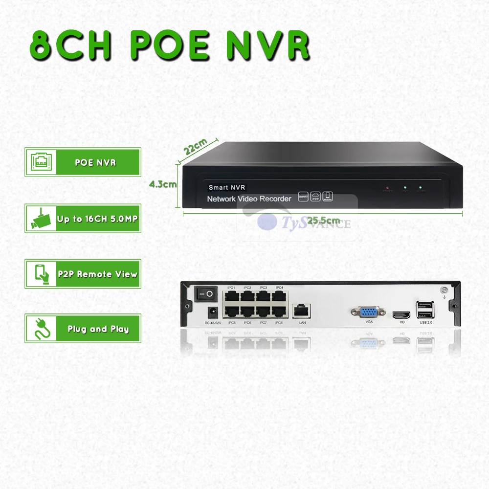 TySvance 4ch 5MP с аудиовходом PoE Комплект H.265 Системы видеонаблюдение Безопасность NVR до