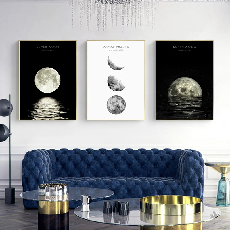 Минималистичная Настенная картина Moonlight плакат на холсте черно-белая
