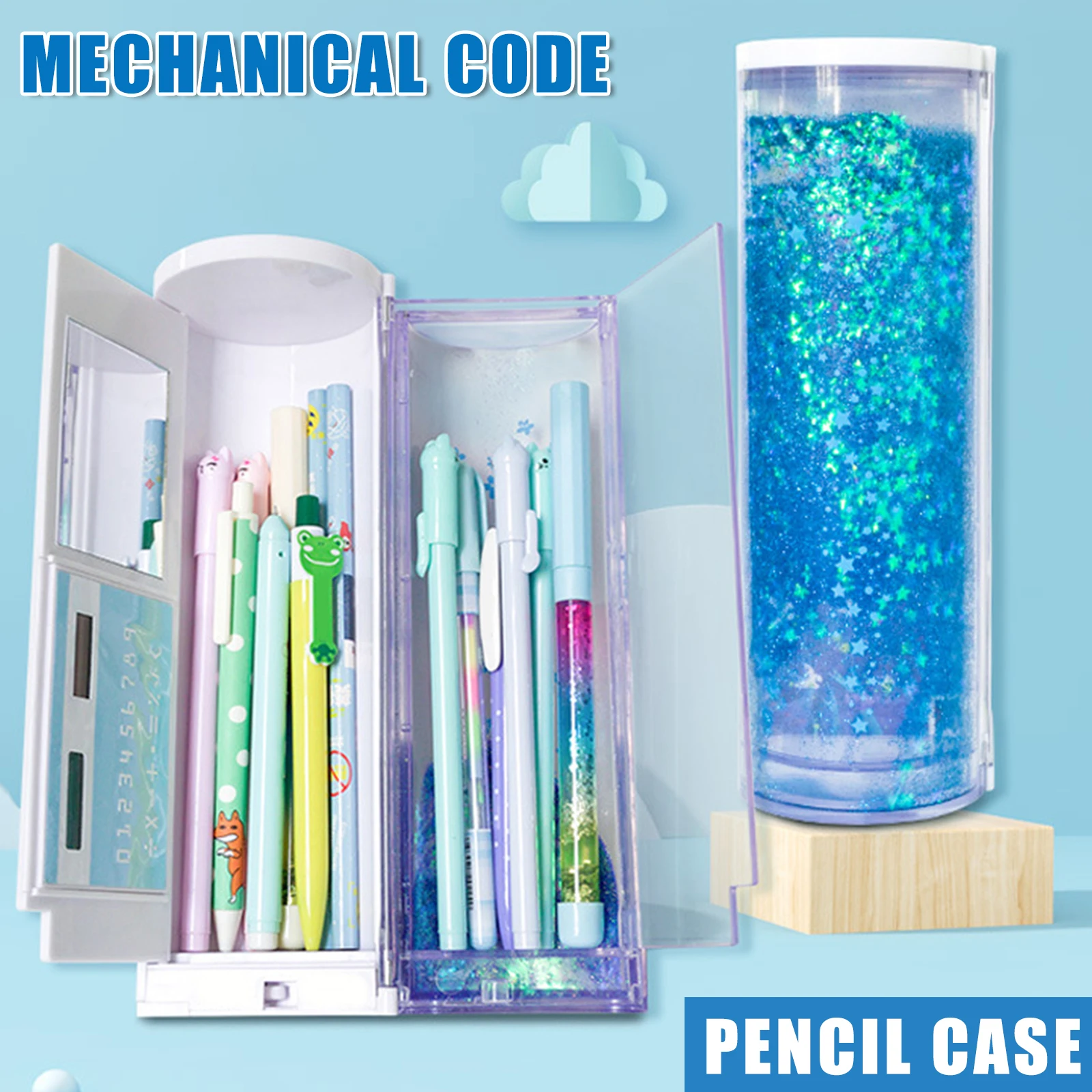 

Канцелярская коробка с жидким сыпучим песком, прозрачный многофункциональный чехол с механическим замком, цилиндрический школьный органа...