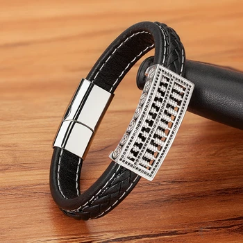 Ancient Abacus Black Leather Men Bracelet - Punk Stainless Steel 4