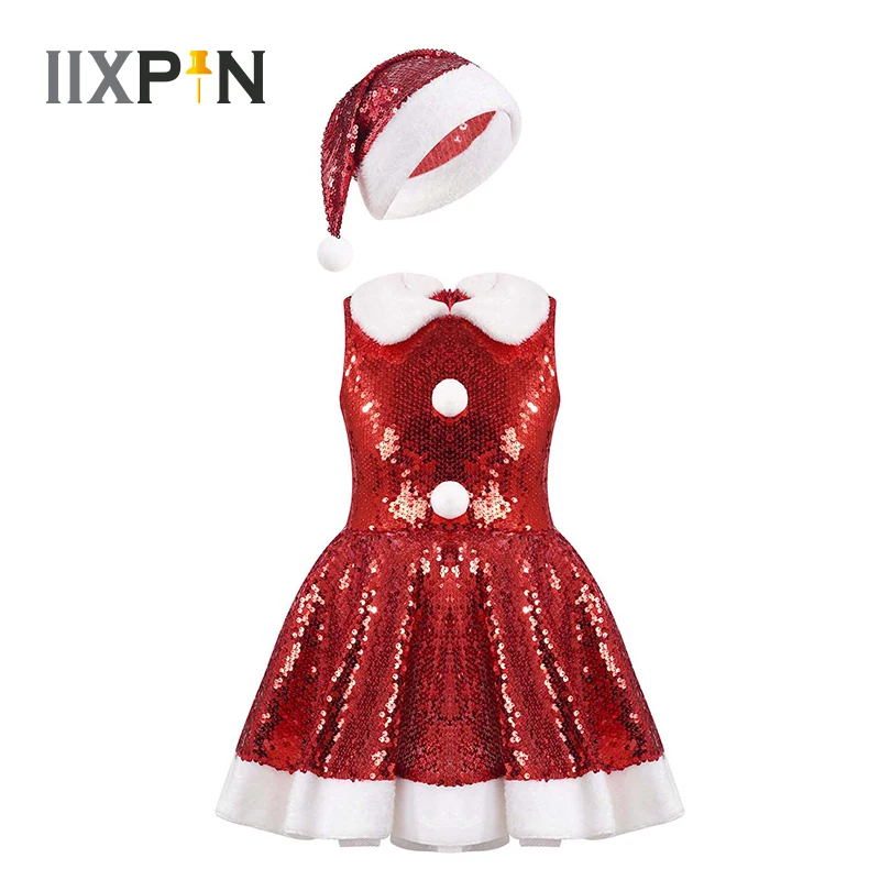 Купи Kids Girls Sleeveless Sequins Figure Ice Skating Ballet Dance Dress Party Performance Christmas Santa Dance Costume With Hat Set за 1,049 рублей в магазине AliExpress