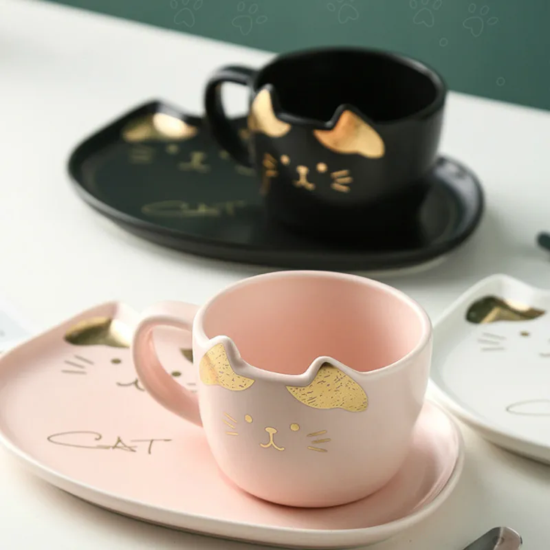 Ceramic Coffee Cup Set Cartoon Cat Tea with Saucer Spoon Breakfast Milk Mug Bread Dessert Dish Porcelain Pet | Дом и сад
