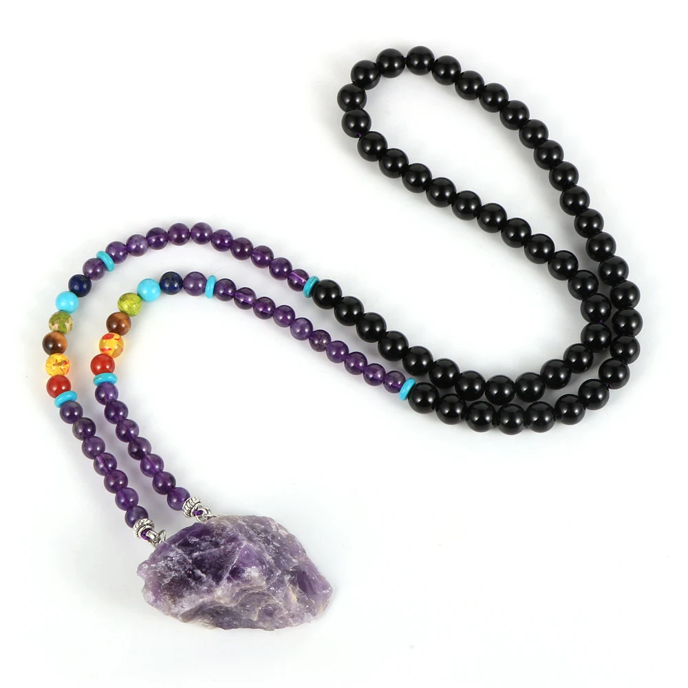 

Bohemia Ethnic Natural Irregular Amethysts Pendant Necklace 6mm Crystal Beaded Long Sweater Necklace For Women 2020 New Jewelry