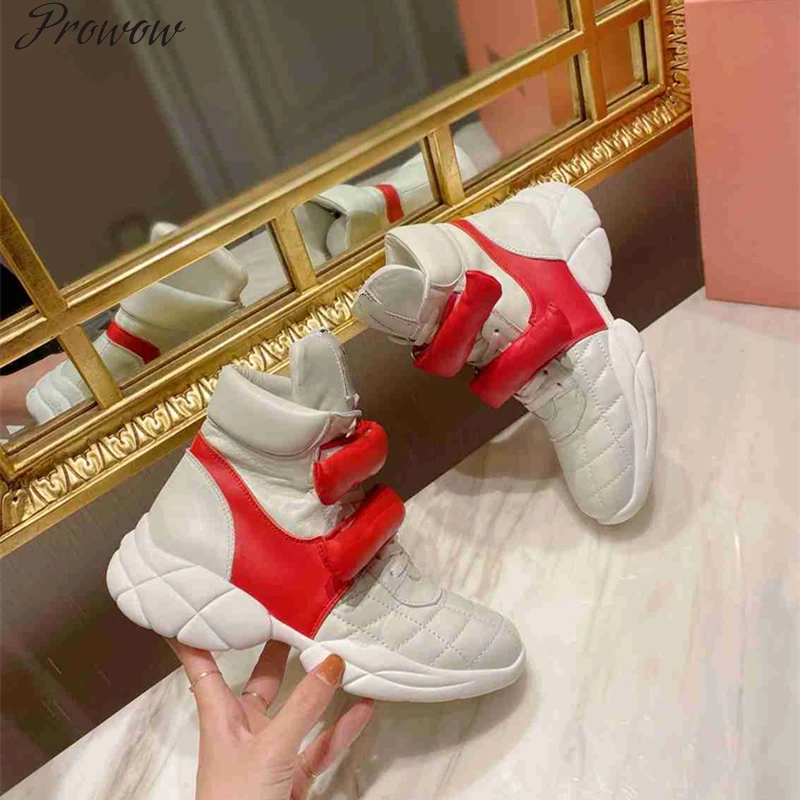 

Prowow 2021 Women Sneakers Genuine Leather High-top Sport Platform Shoes Magic Tape Round Toe Lace Up Mixed Color Luxury