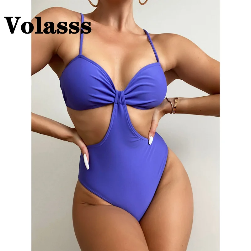 

Sexy One Piece Swimsuit Female Solid Purple Color Bikini Set Summer Beach Hollow Out Swimwear Women Backless Halter Bathing Suit