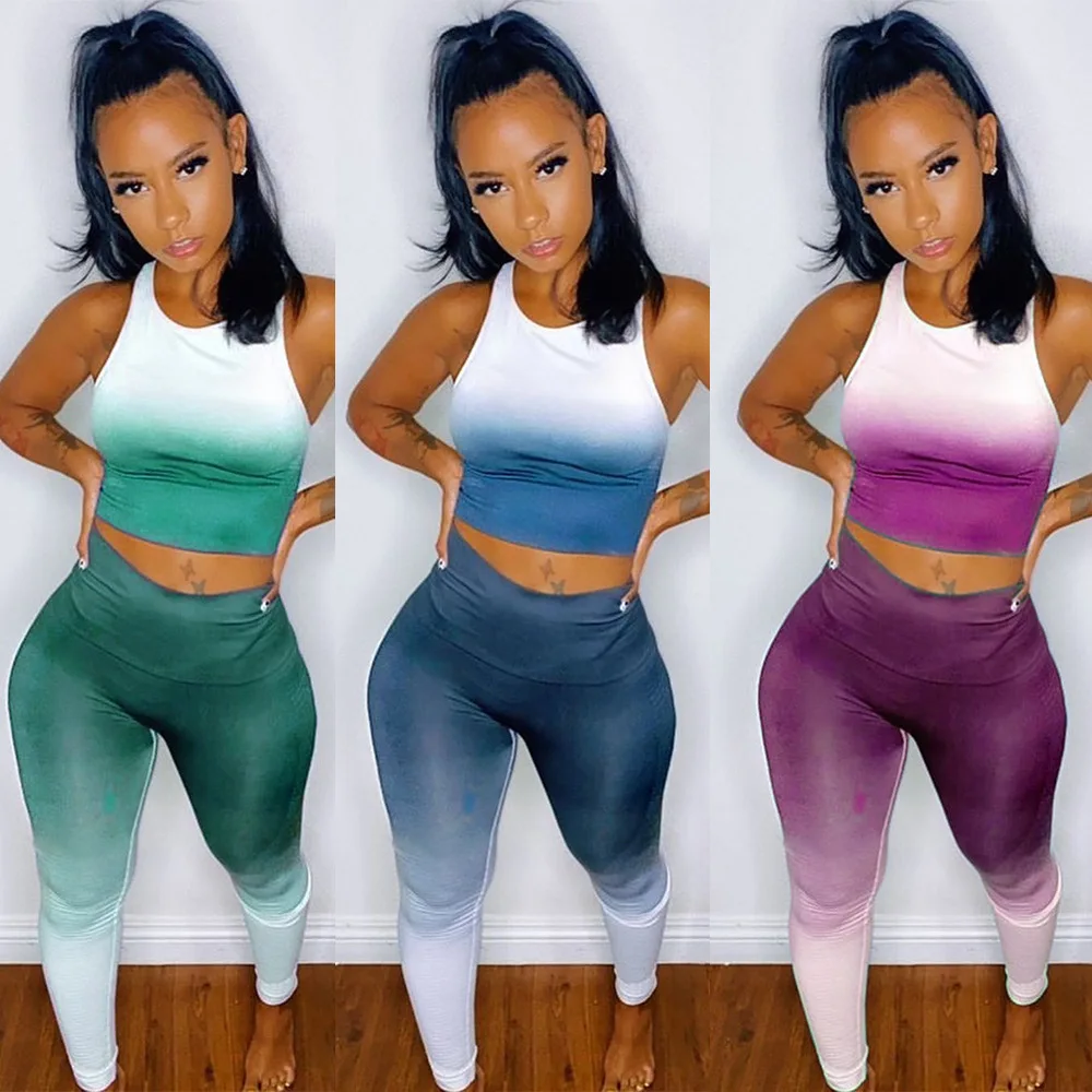 

Women Sportwear Outfits With Gradient Color Print 2020 Summer New Lady O-neck Sleeveless Vest High Waist Leggings Two Piece Sets