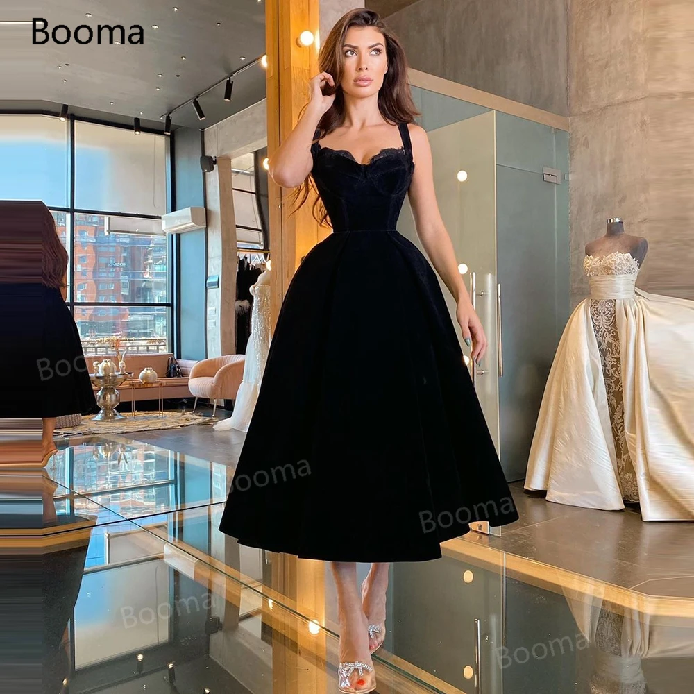 Booma Black Velvet Short Prom Dresses Sweetheart Tea-Length Velour Gowns Spaghetti Straps A-Line Formal Party | Свадьбы и торжества