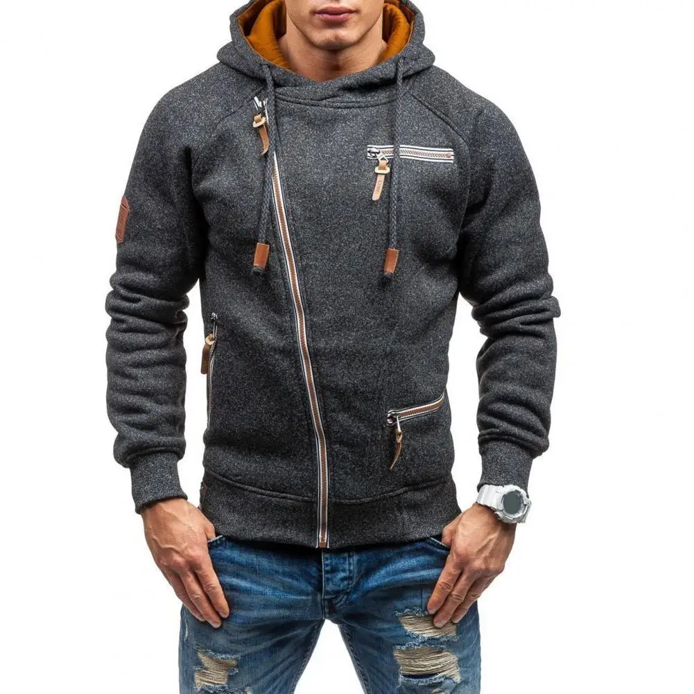 

Men Coat Solid Color Multi Pockets Individual Oblique Zipper Thick Winter Hoodie for Daily Wear