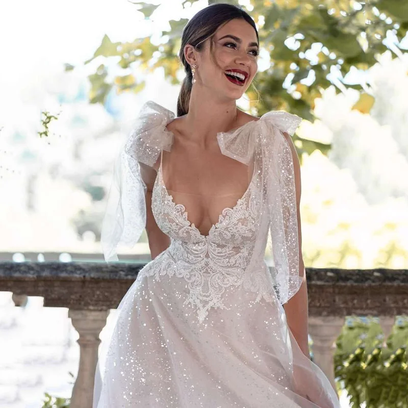 

Sparky Vintage Boho Wedding Dresses Sequin Lace Beach Bride Dress 2021 Backless Wedding Gowns Glitter Tulle Mariage