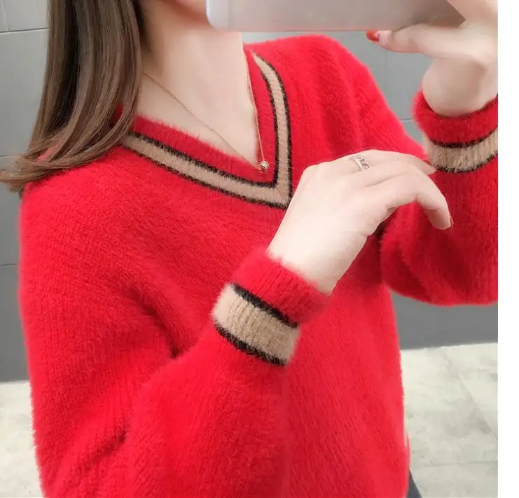 

2020 Women in spring and autumn winter with New style fashion Long sleeve V-neck Set head Sweater coat
