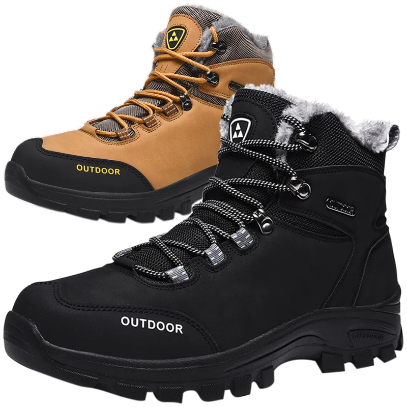 Holfredterse Outdoors Hiking Shoes Plush Men Leather Ankle Fur Snow Boots Winter Waterproof Work Trekking Boots 6028 Black/Brown