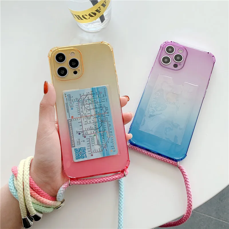 

With Gradient Color Long Rope Strap Cord Chain Necklace Lanyard Card Phone Case For OPPO A53 A5 A9 2020 A32 A33 Soft Back Cover