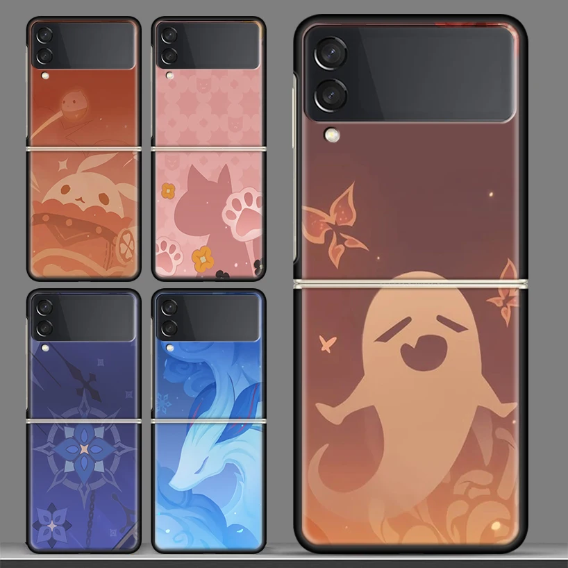 

Game Genshin Impact Black Phone Case For Samsung Galaxy Z Flip 3 PC Cover ZFlip 3 5G Luxury Art Pattern Bumper Coque Shell Funda